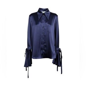 Off-White Navy Satin Bow Cuff Shirt - Size 46 (XL)